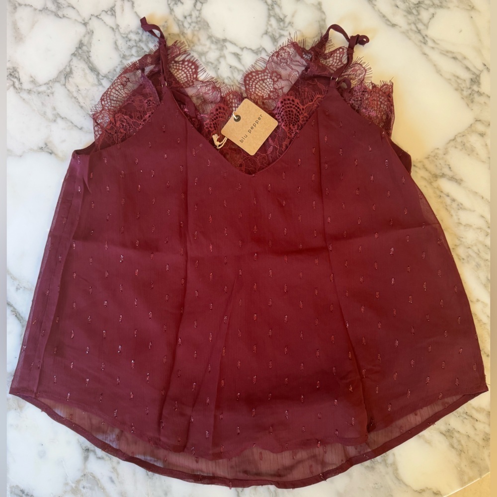 NWT BLU PEPPER Burgundy Lace Textured Cami M - Picture 5 of 6